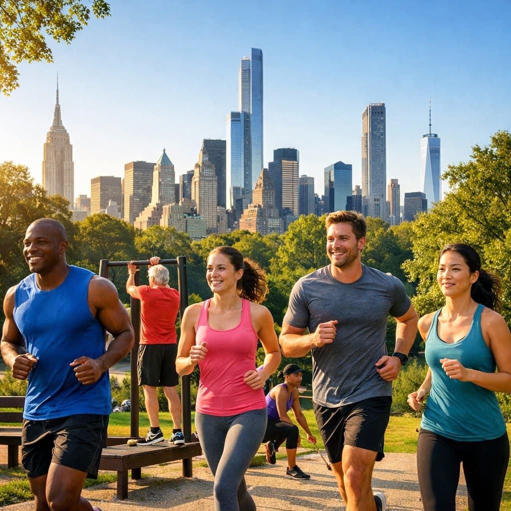 People jogging and exercising in a New York City park with the skyline visible in the background.