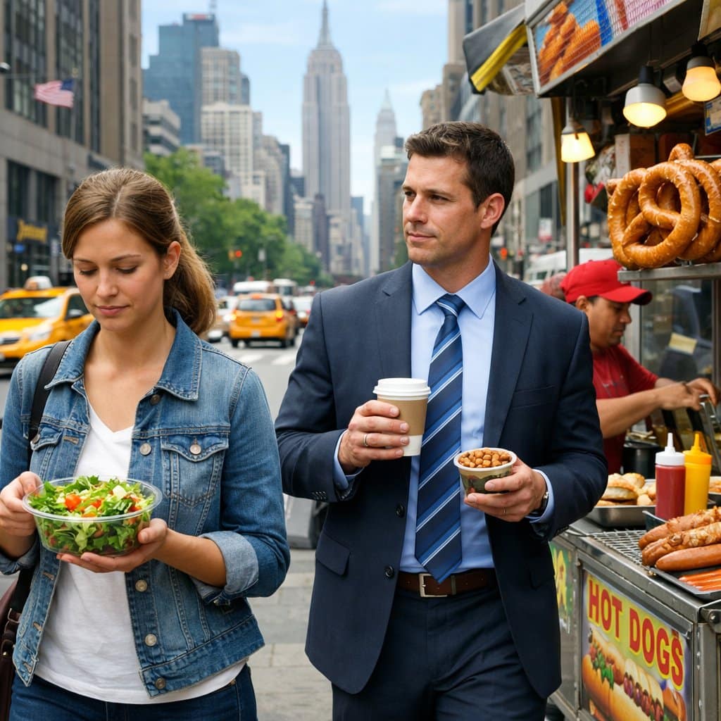 People in a busy New York City street scene with food vendors and pedestrians making different food choices.