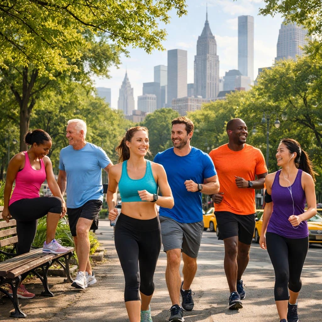 People exercising and jogging in a New York City park with skyscrapers in the background.