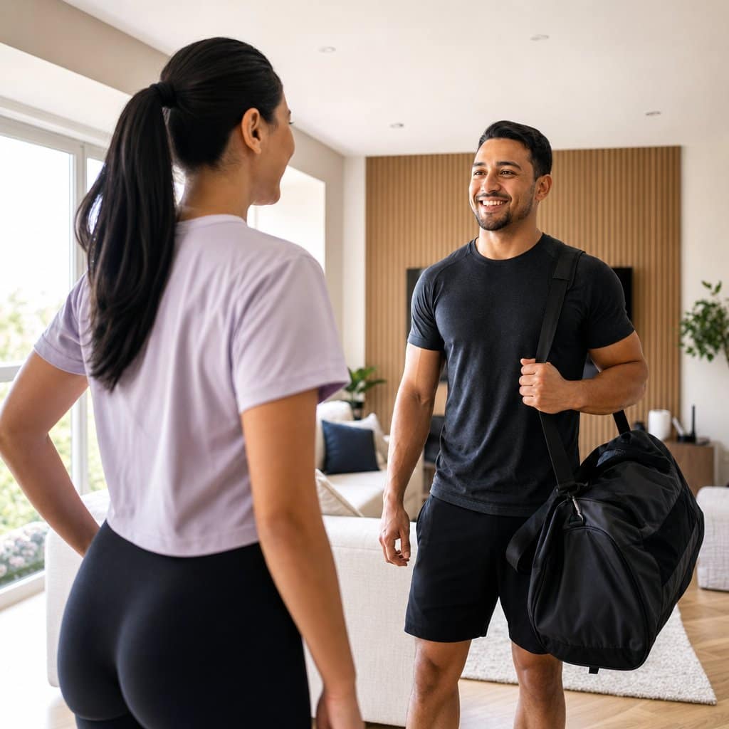 In-home personal trainer arriving for a session in Manhattan