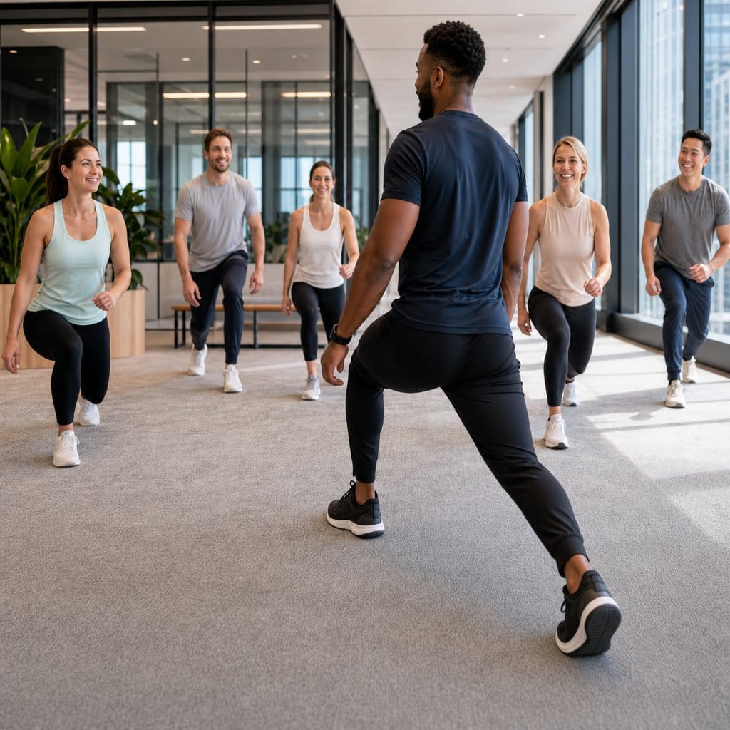 Corporate wellness group fitness class in an office building