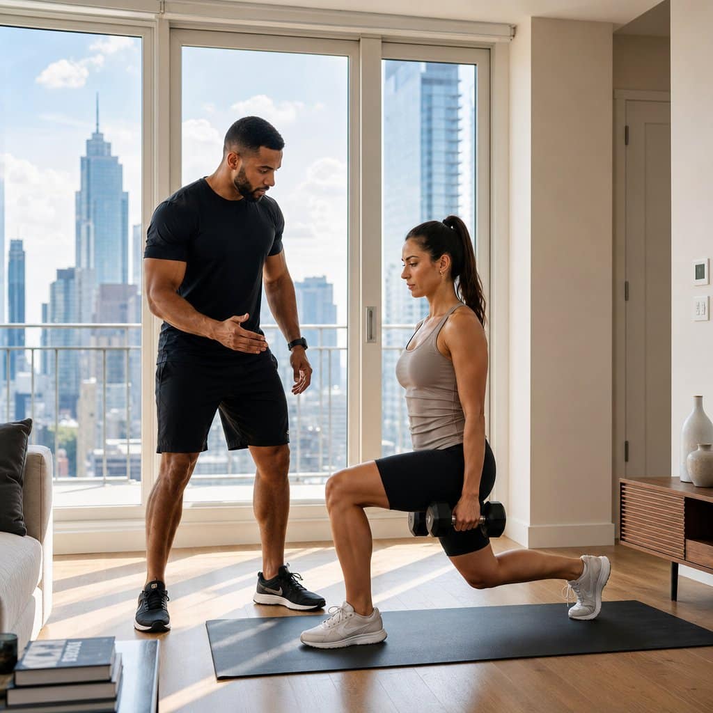 In-home personal training session in the Upper West Side with Manhattan skyline view