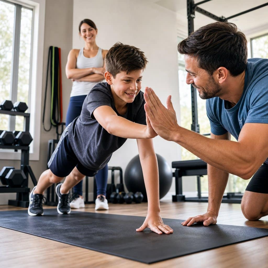 Personal trainer working with a child on fitness exercises