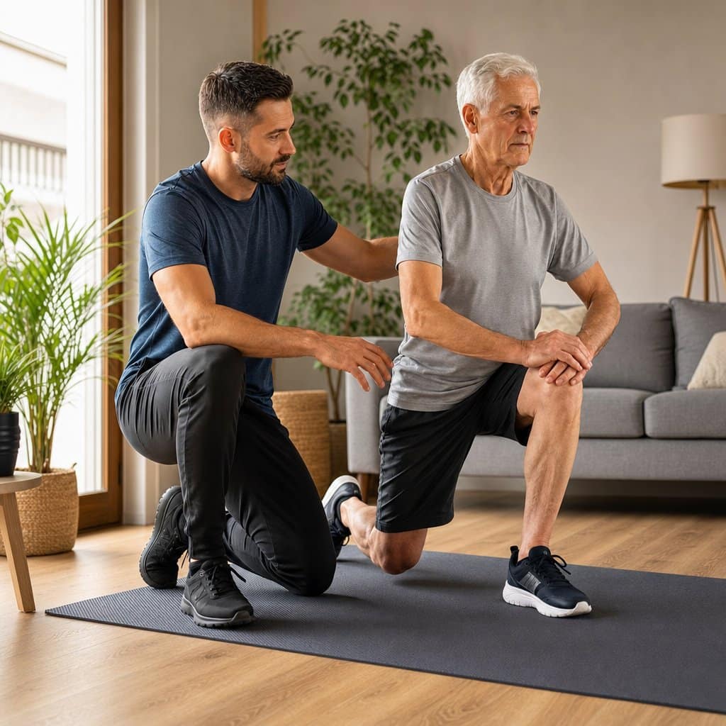 Personal trainer assisting a senior client with balance exercises