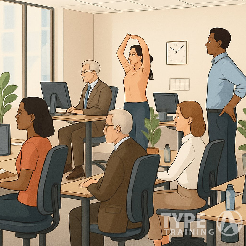 A group of professionals in an office practicing good posture and stretching at their desks.