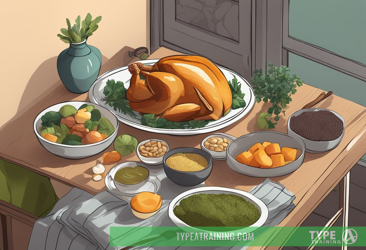 A serene bedroom with a plate of magnesium-rich foods, a turkey containing tryptophan, and other nutrient-rich items laid out on a nightstand