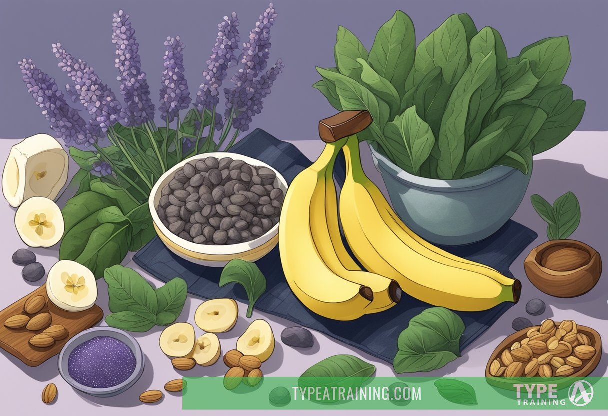 A serene nighttime scene with a variety of nutrient-rich foods such as bananas, spinach, and nuts, surrounded by calming elements like lavender and chamomile
