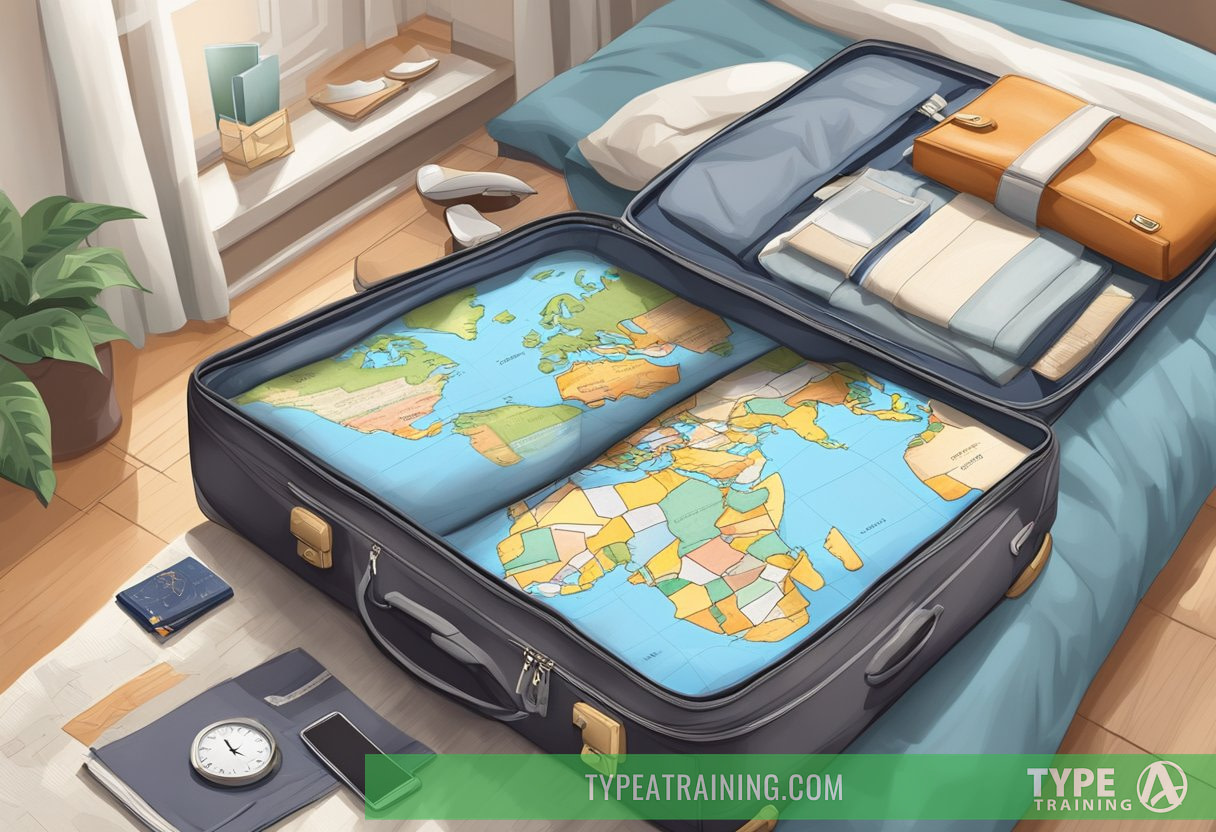 A traveler's suitcase open on a bed, filled with clothes, toiletries, and a travel guide. A world map and a clock showing different time zones on the wall