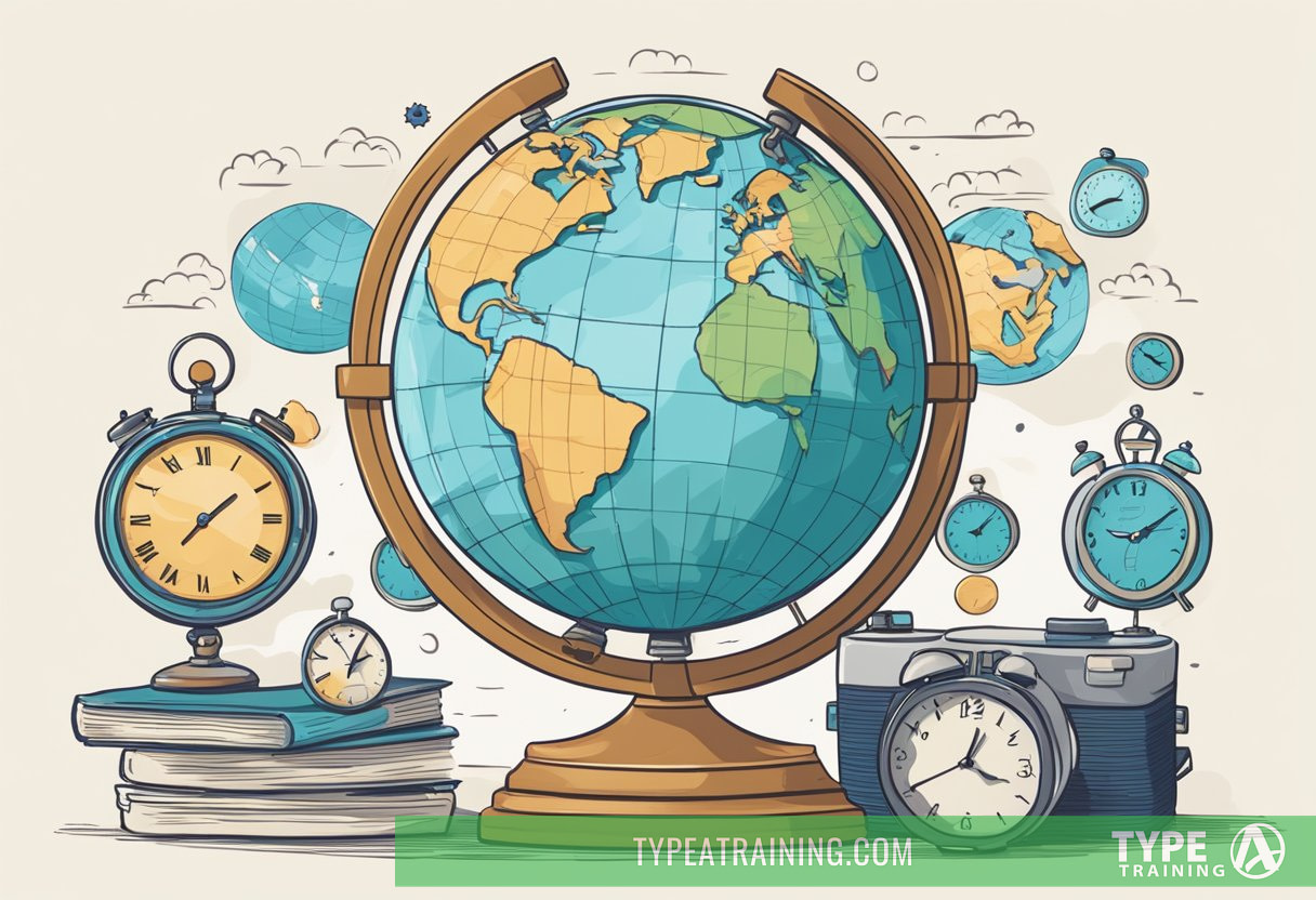 A globe surrounded by clocks set to different time zones, with a traveler's itinerary and a sleep mask nearby