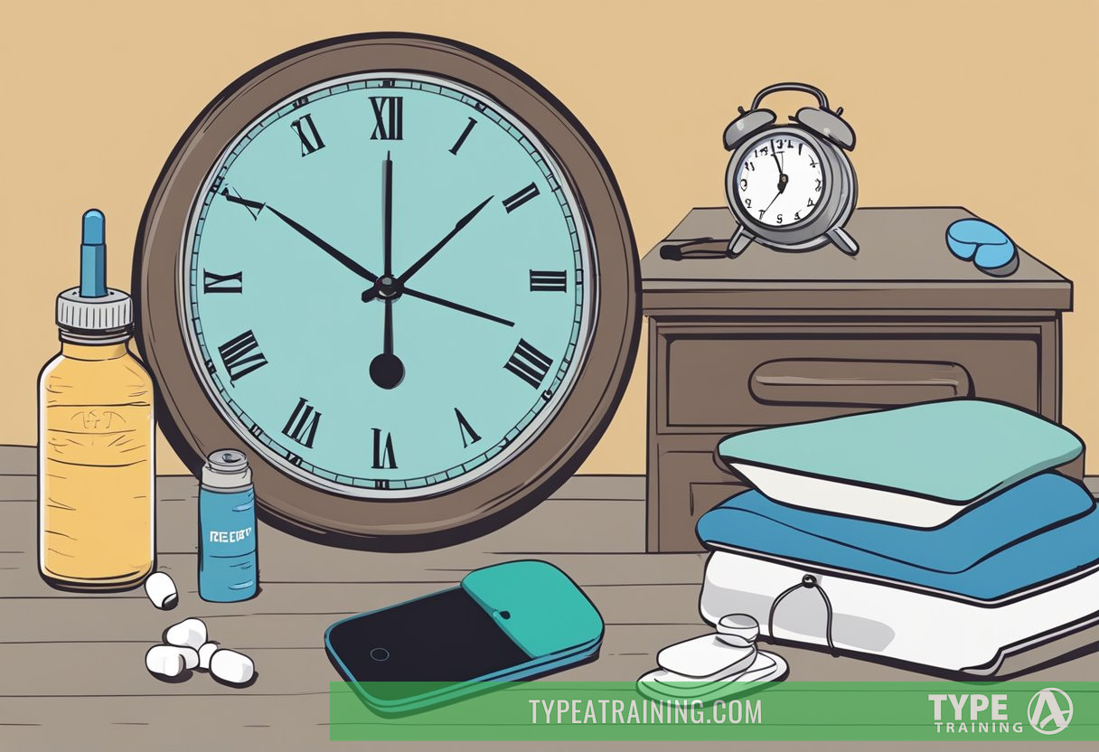 A person's belongings scattered around a bedside table, including a sleep mask, earplugs, and a bottle of melatonin. A clock on the wall shows two different time zones