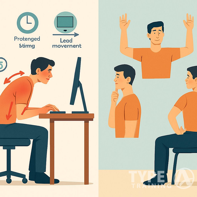 A person showing poor posture while sitting at a desk on the left and performing home exercises to improve posture on the right.