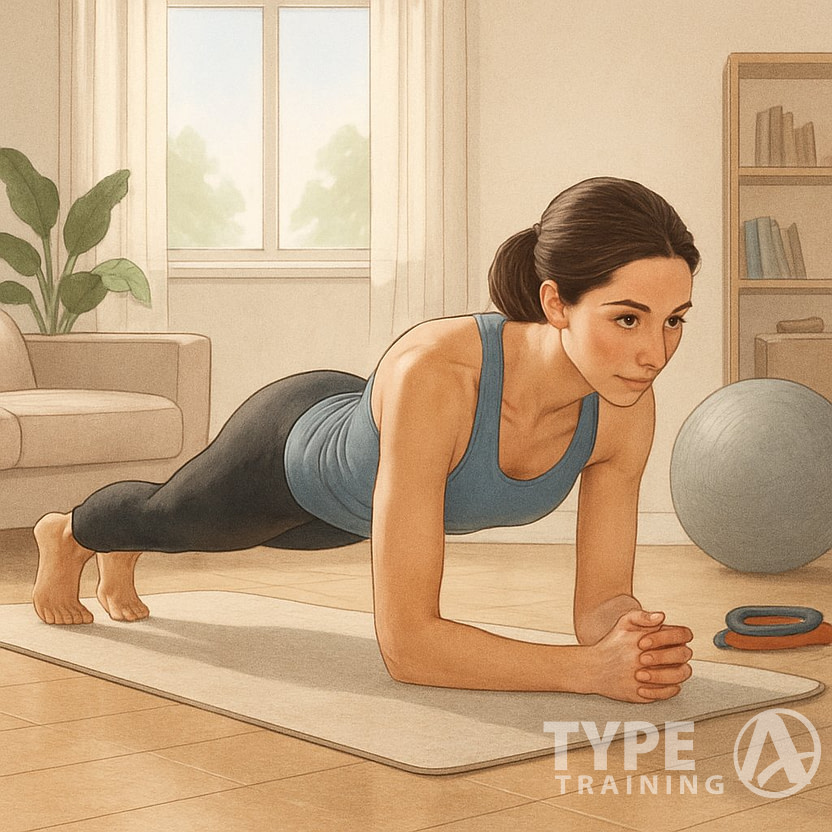 A person doing a plank exercise on a yoga mat in a bright living room, focusing on core strength and balance.