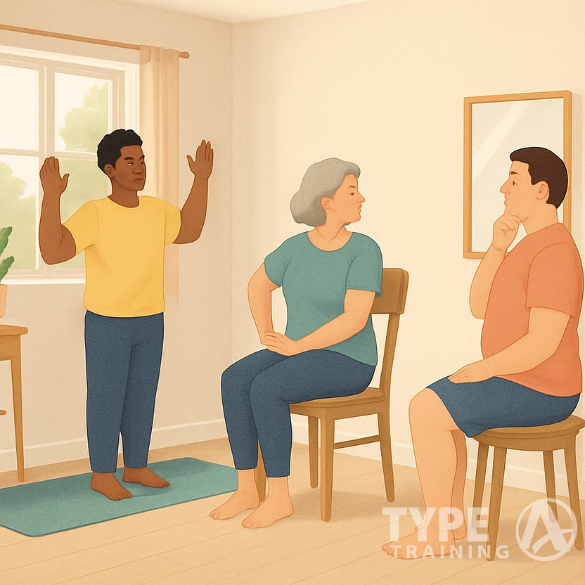 People in a home setting doing various posture exercises like wall angels, seated twists, and chin tucks.