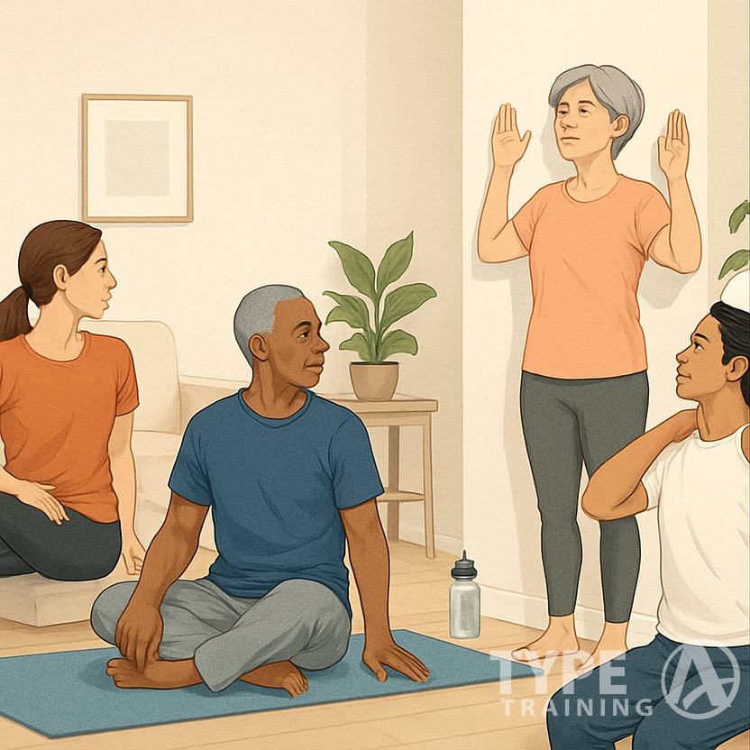 A group of people doing various posture-improving exercises in a bright living room.
