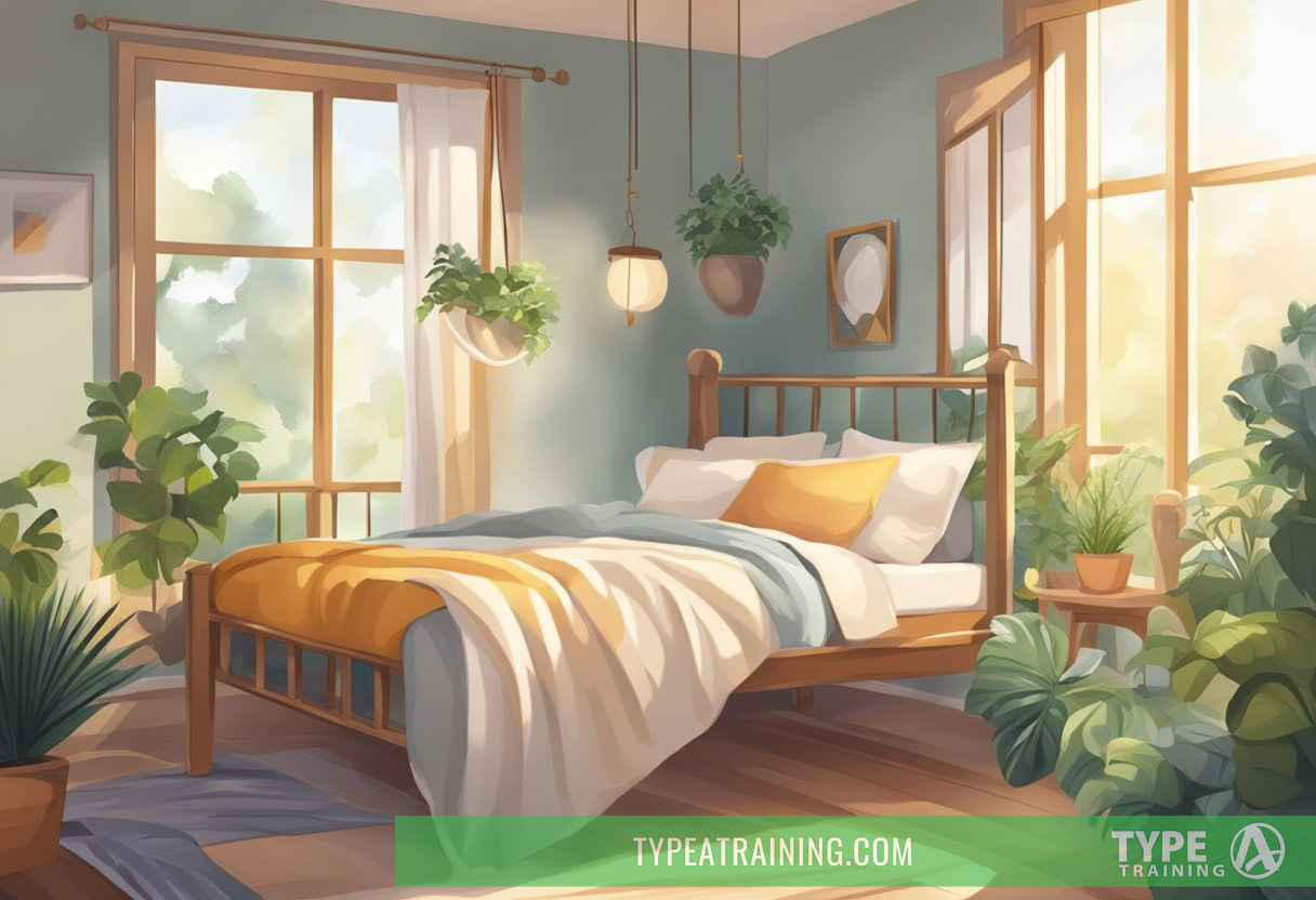 A cozy bed with a soft pillow and warm blanket, surrounded by a peaceful, sunlit room. An inviting hammock gently swaying in a tranquil garden setting