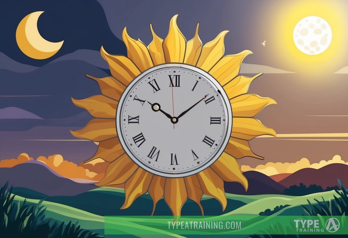 A clock surrounded by sun and moon, casting shadows and light on a landscape