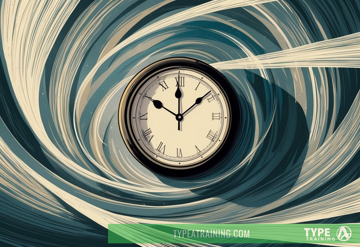 A clock surrounded by swirling beams of light, casting long shadows. A sense of disorientation and fatigue is evident in the atmosphere