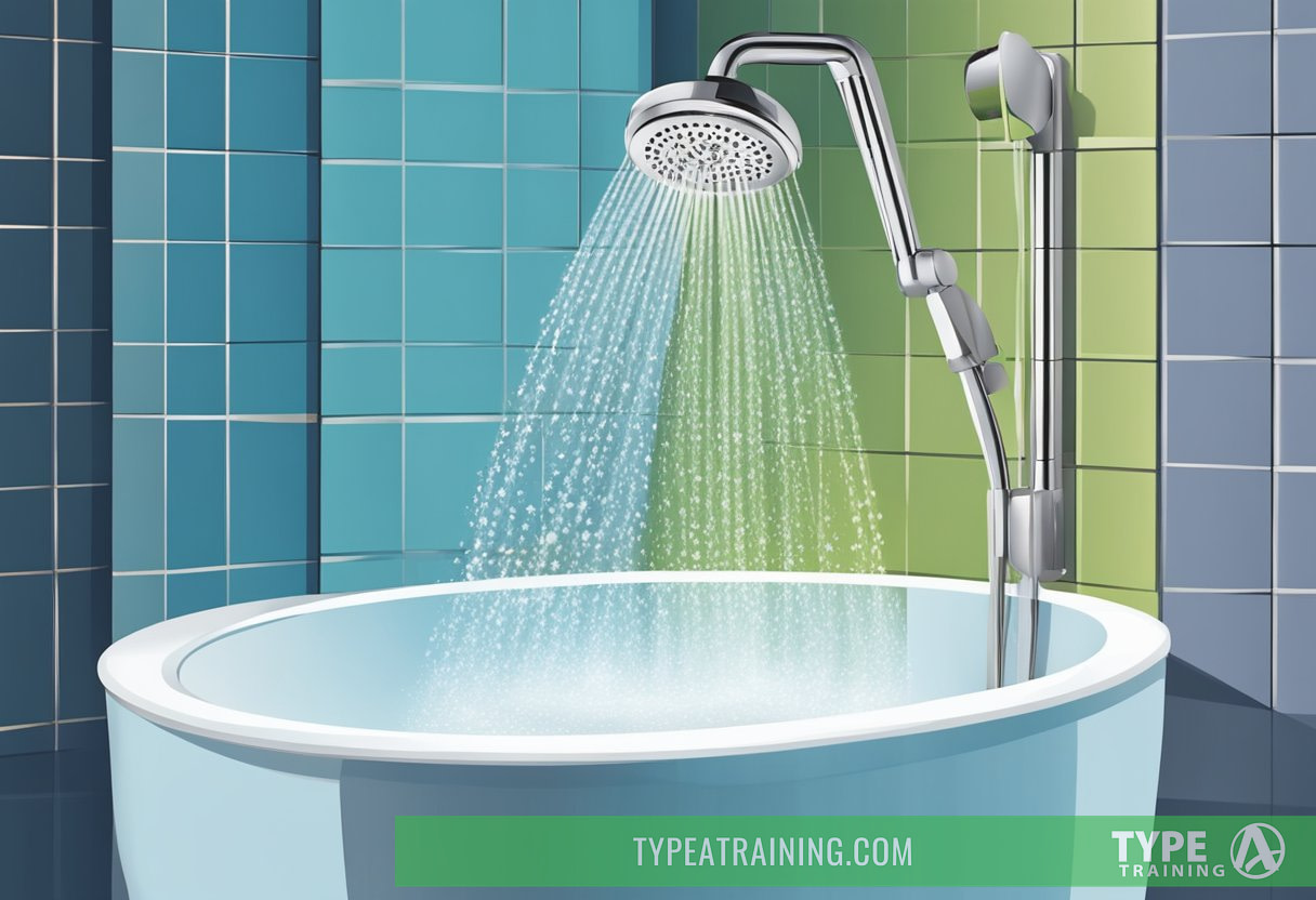 A shower head with two streams of water, one cold and one hot, flowing down into a bathtub or shower floor