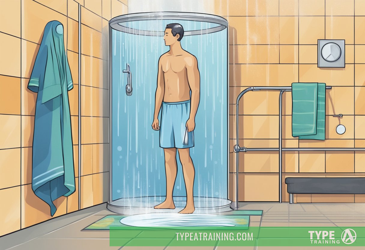 A person stands in a shower, one side cold, the other hot. Steam rises from the hot side, while the cold side shows shivering. A towel and exercise equipment sit nearby