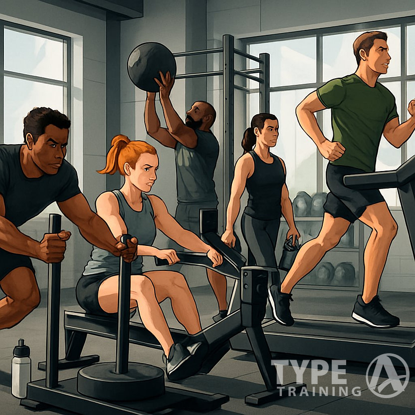 A group of athletes training with various gym equipment, including sled pushes, rowing machines, wall balls, kettlebells, and treadmills, preparing for a race.