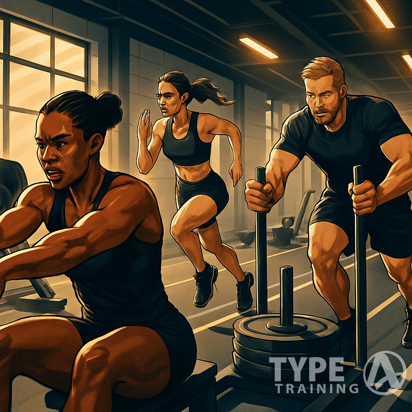 Athletes performing various intense workouts in a gym preparing for a race.