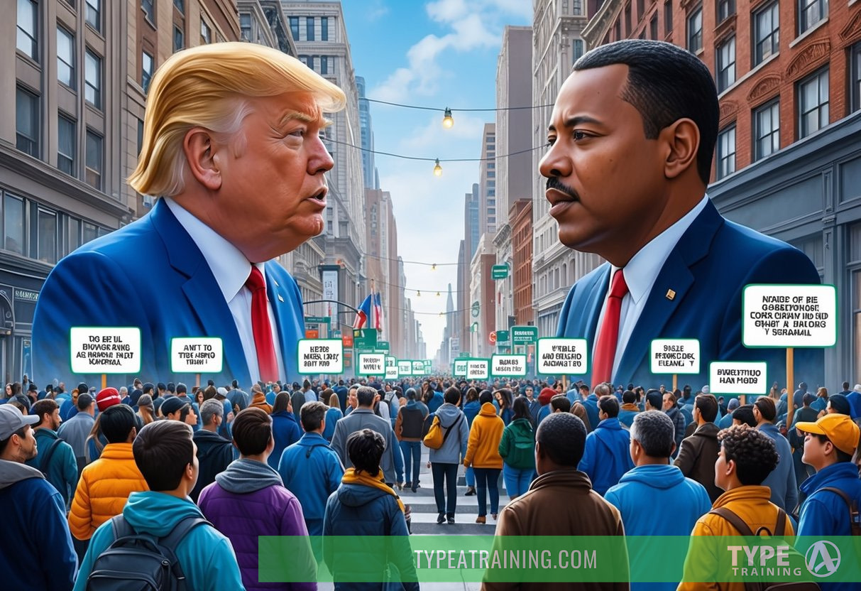 A crowded city street with people receiving conflicting health information from giant figures of Trump and RFK Jr. looming over them