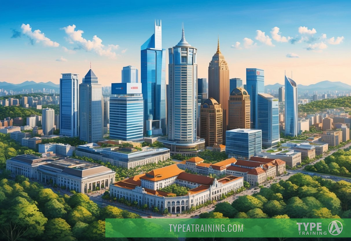 A bustling city skyline with a mix of modern and traditional architecture, surrounded by lush greenery and a clear blue sky