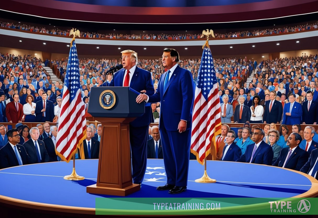 A podium with American flags, Trump and RFK Jr. standing side by side, addressing a diverse crowd in a large auditorium