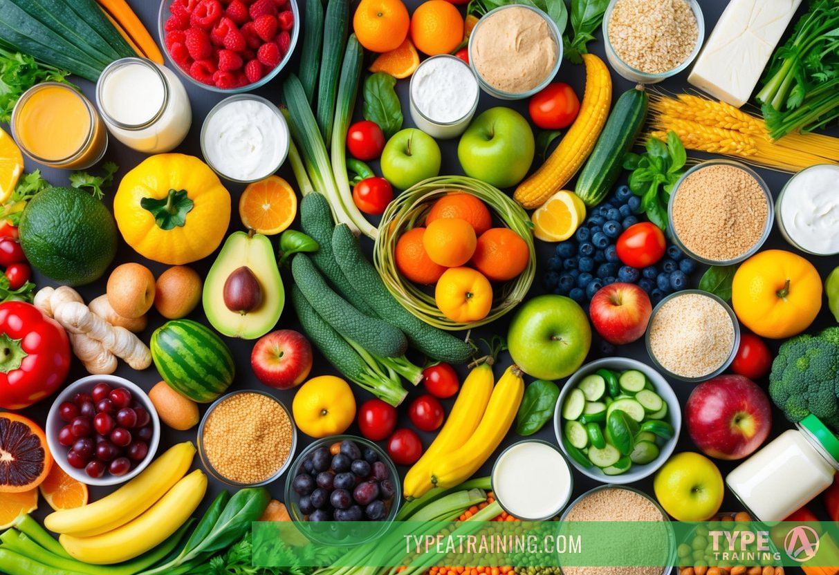 A diverse array of healthy fruits, vegetables, grains, and dairy products arranged in a colorful and appealing display