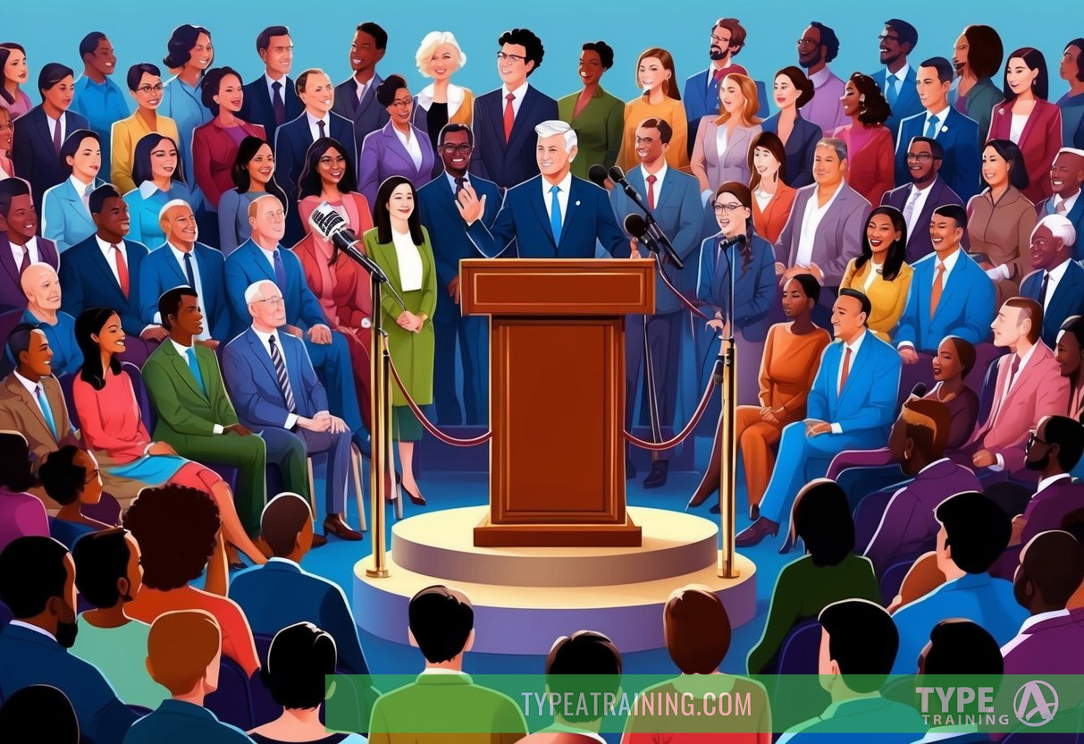 A podium with microphones surrounded by a diverse audience