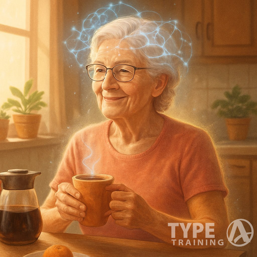 An elderly woman holding a cup of coffee at a kitchen table, looking healthy and content with soft light coming through a window.