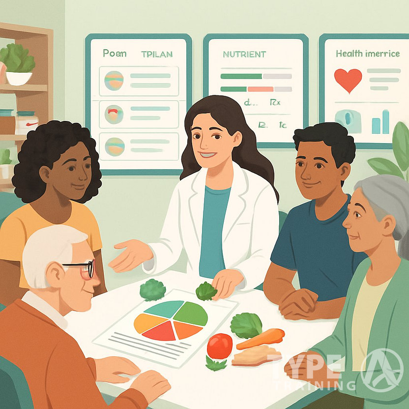 A nutritionist consulting with diverse clients using charts and food models in a bright office focused on personalized nutrition.