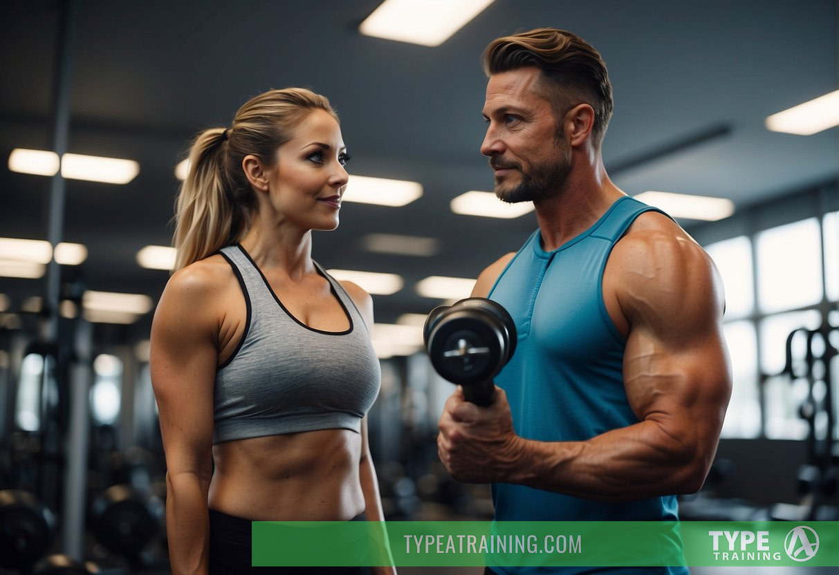 A man and woman stand facing each other, exercising with dumbbells in a bright, spacious gym. A personal trainer observes and encourages them