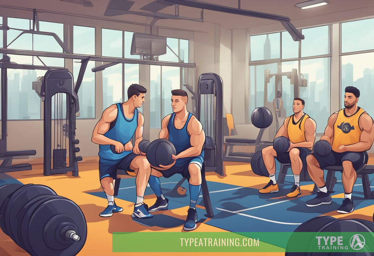 A basketball player lifts weights in a gym, surrounded by various exercise equipment and a coach providing guidance