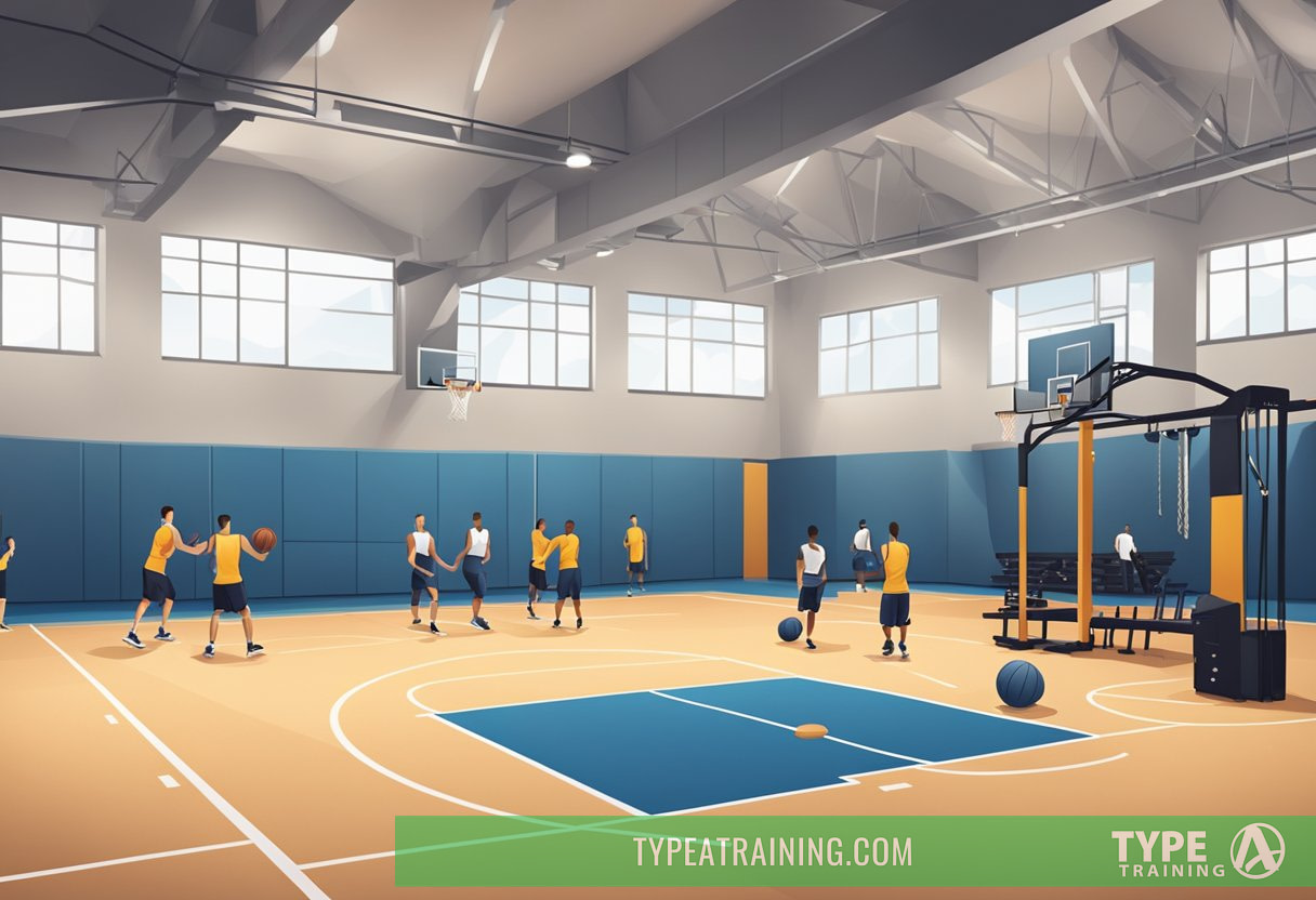 A basketball court with weight training equipment in use. Players are engaged in a rigorous conditioning program for peak performance