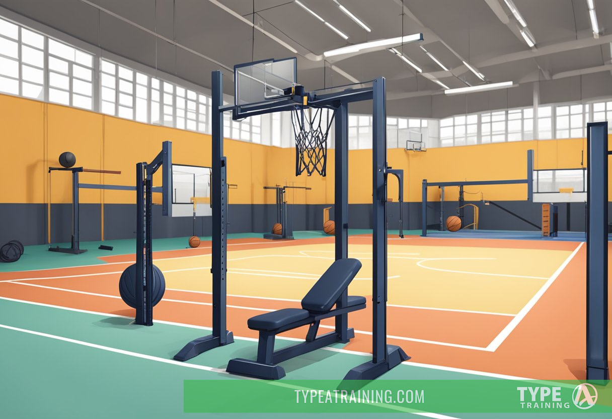 A basketball court with weight training equipment set up along the sidelines, including dumbbells, barbells, and resistance bands