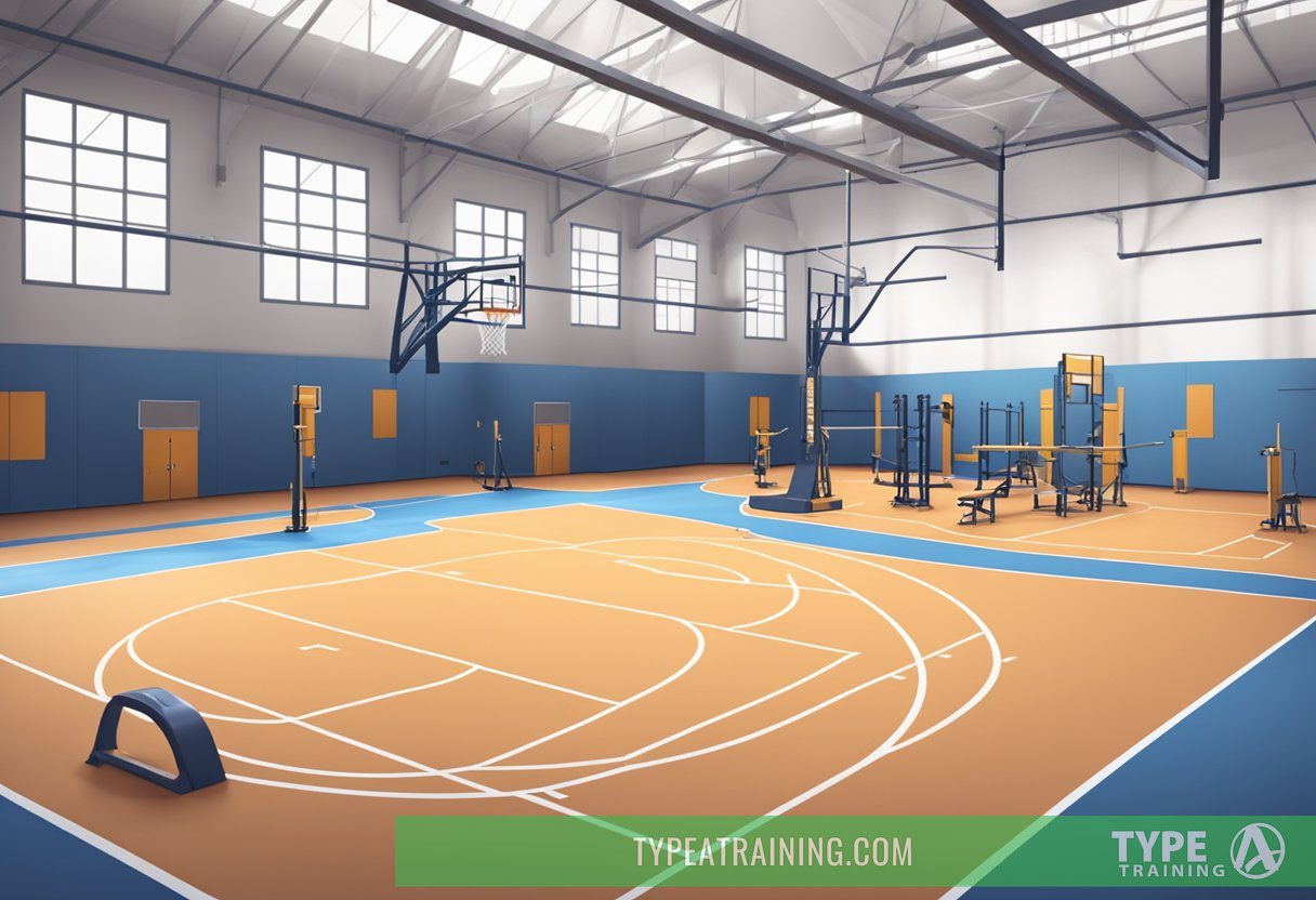 A basketball court with weight training equipment set up for off-season training