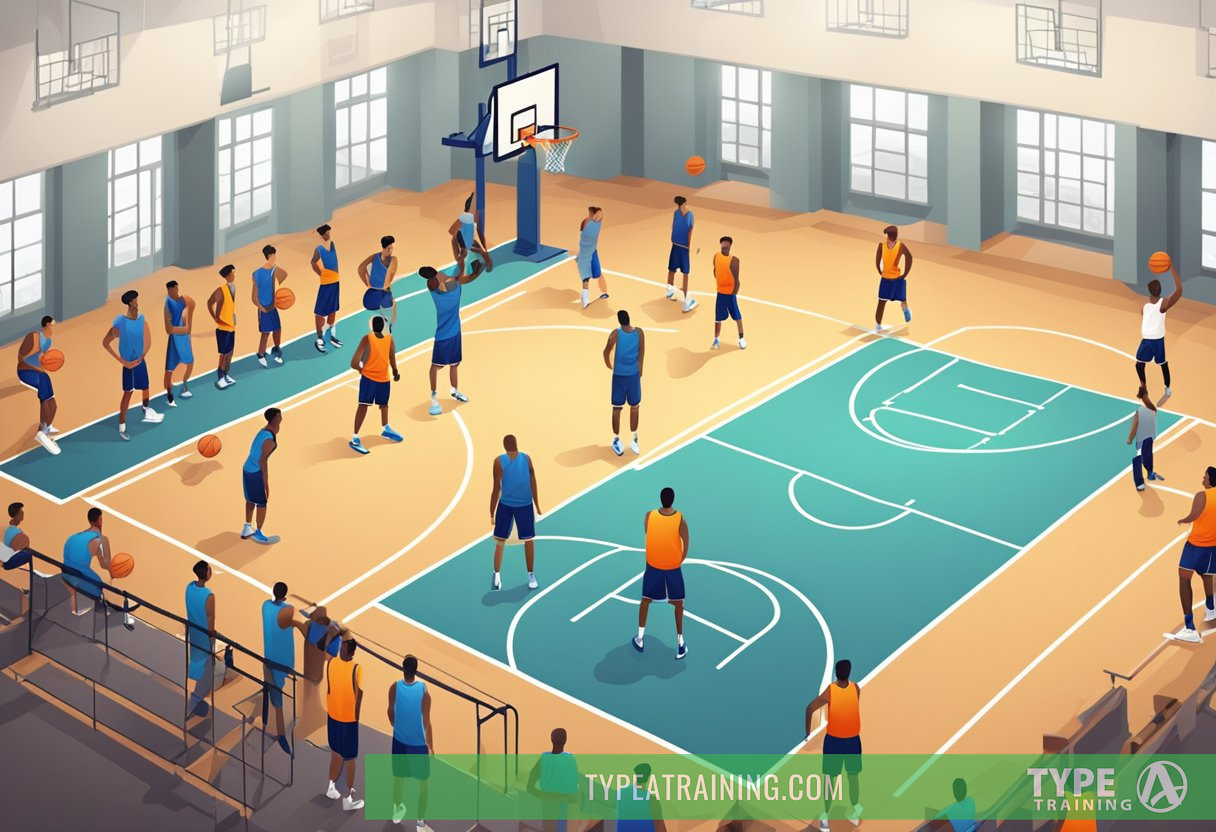 Basketball court with weight training equipment, basketballs, and players' jerseys. Trainer demonstrating exercises to team