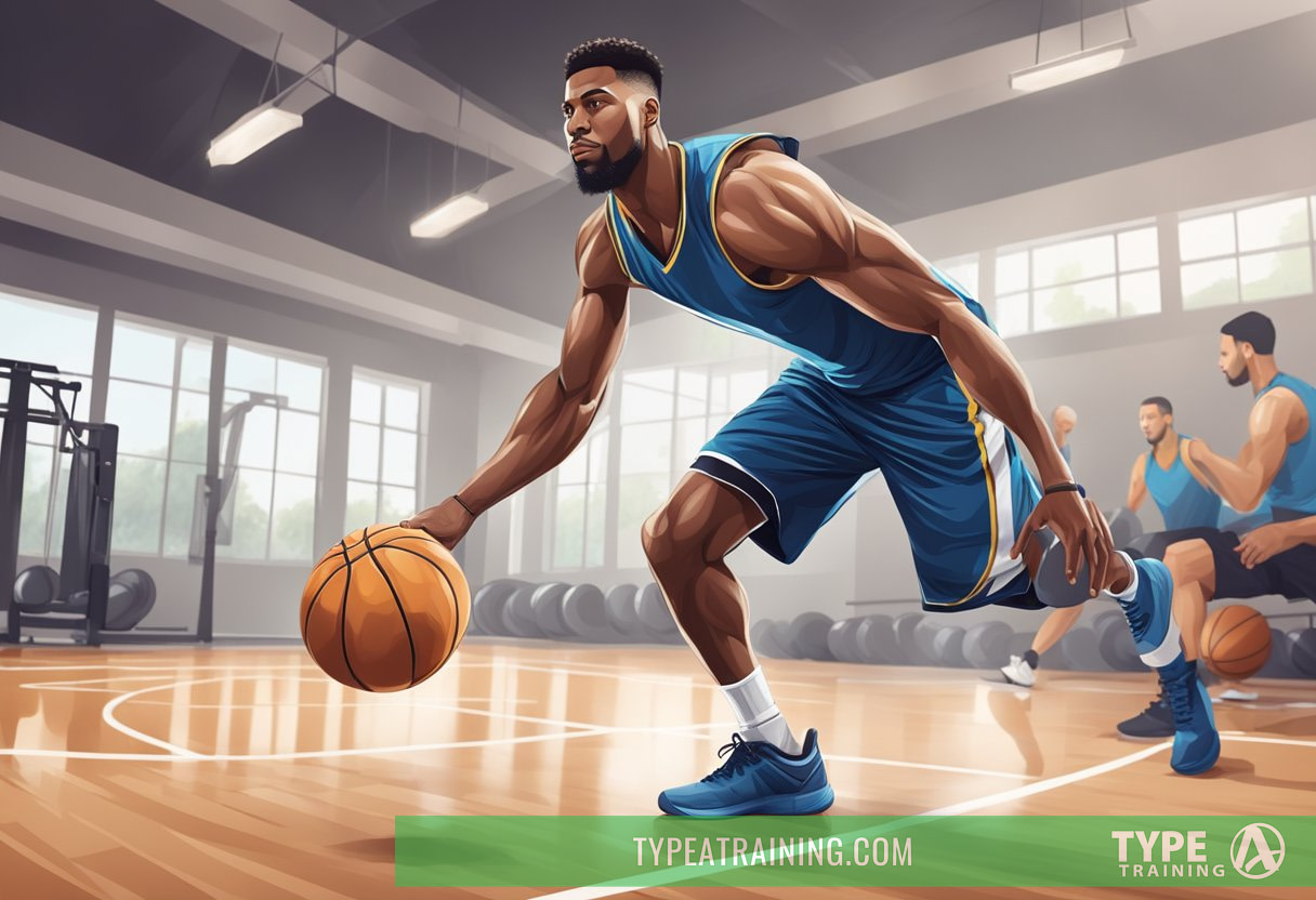 A basketball player performs core-strengthening exercises with weights in a gym setting