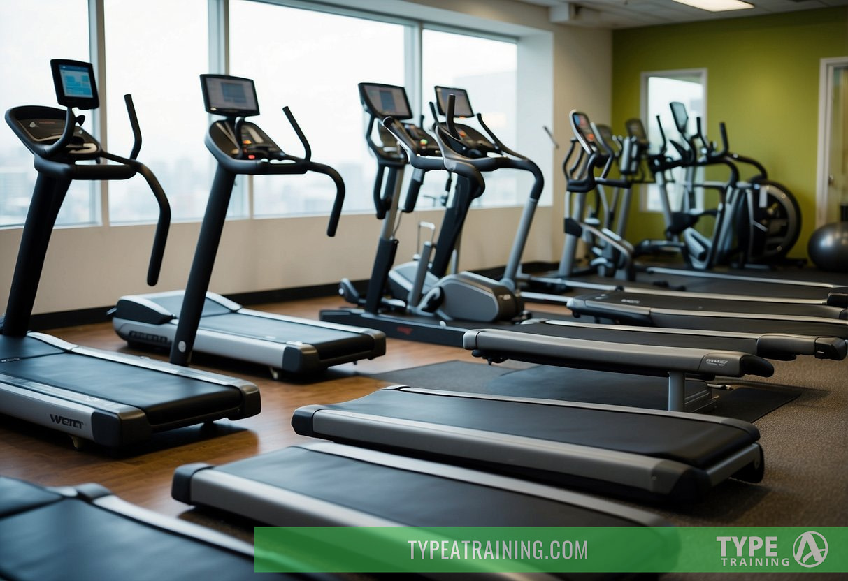 A circuit training class with various cardio stations, including treadmills, rowing machines, and stationary bikes. Participants move between stations in a high-energy, fast-paced environment