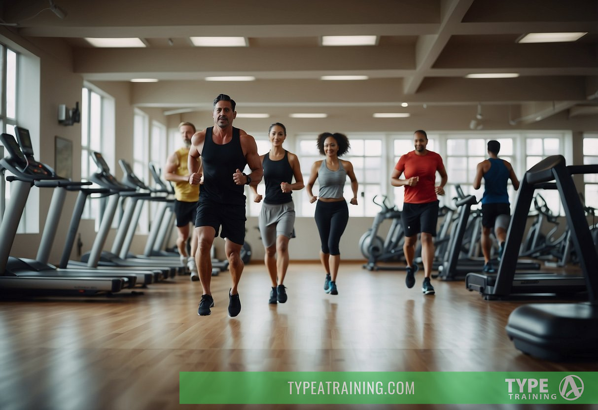 A group of people move through various exercise stations in a gym, with trainers guiding them through each activity. The room is filled with energy and determination as participants push themselves to complete the circuit