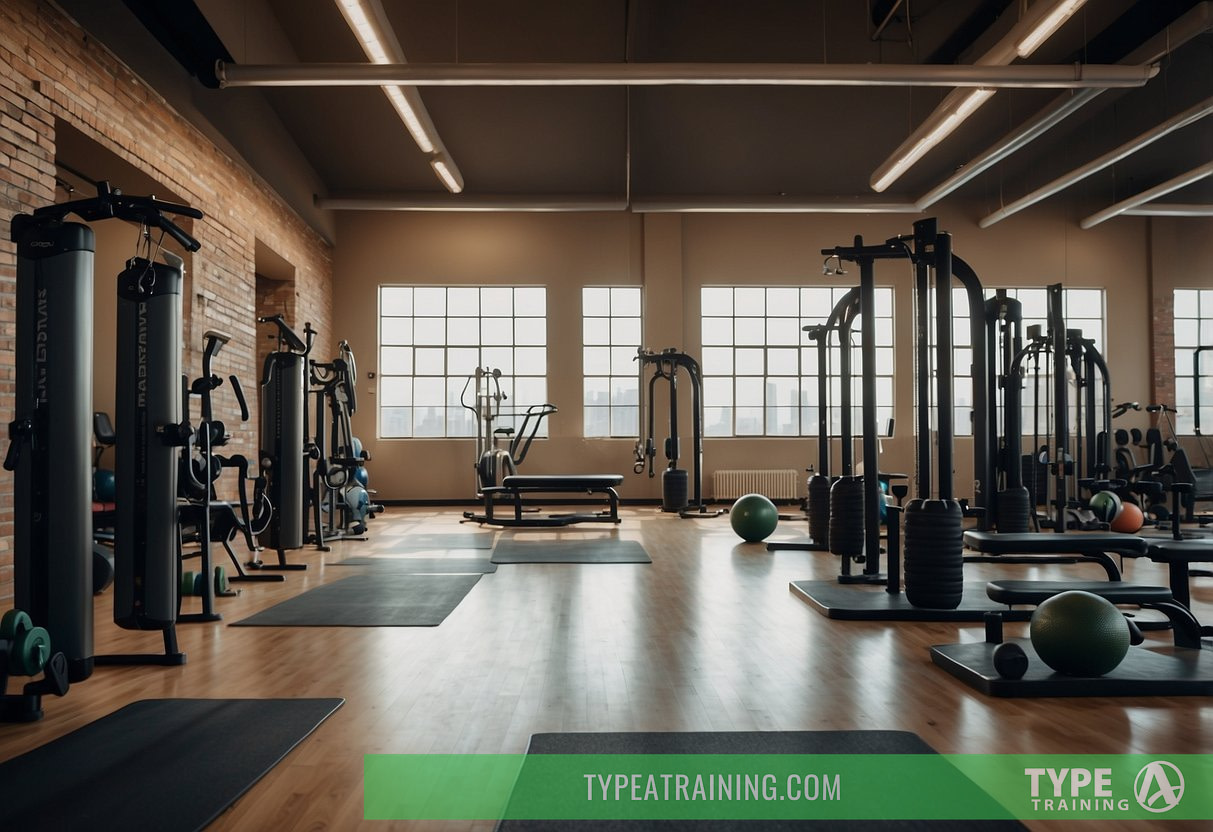 A circuit training setup with various exercise stations, including weights, resistance bands, and cardio equipment, laid out in a spacious and well-lit gym