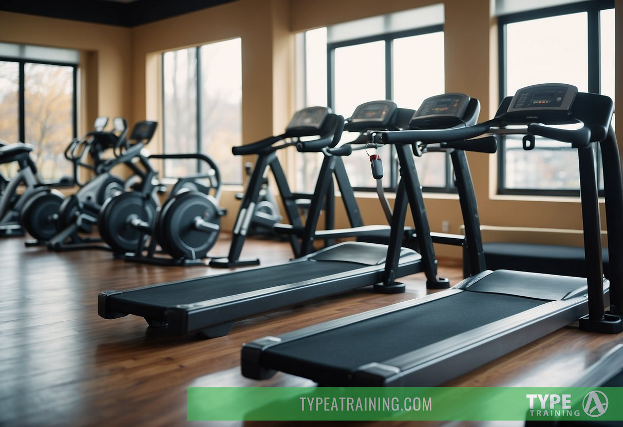 Various exercise stations arranged in a circuit with equipment like dumbbells, resistance bands, and agility hurdles. Bright, energetic atmosphere