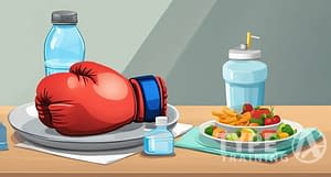 a boxing glove on a plate with food and water