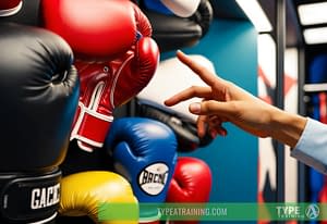 female hand pointing to a pair of boxing gloves to buy