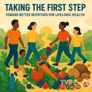 a group of people walking around a pile of fruits