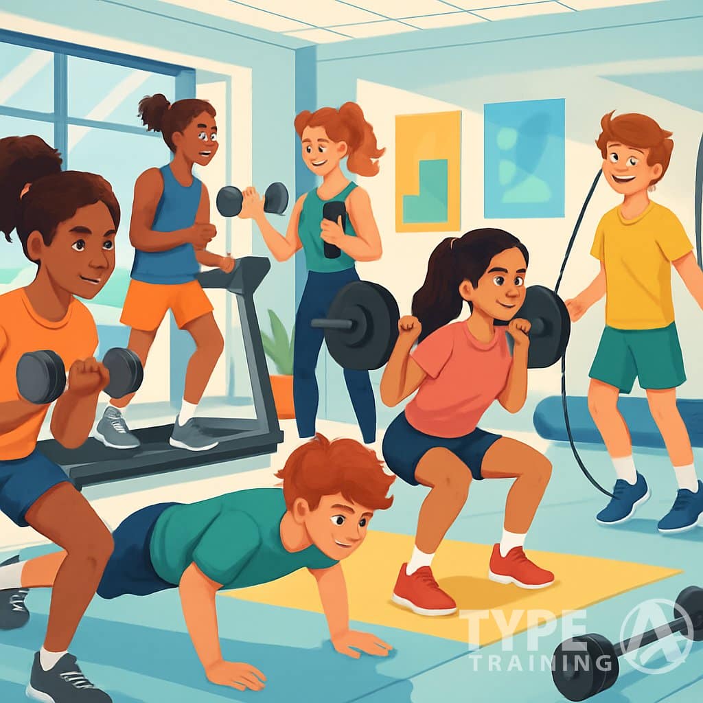 A group of diverse teenagers exercising together in a bright gym, doing weightlifting, push-ups, and cardio activities.