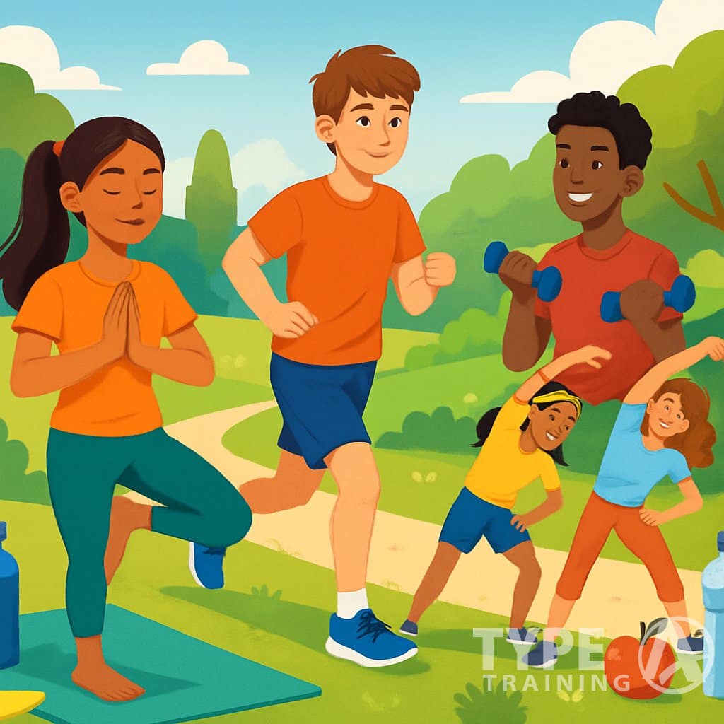 A group of teenagers exercising outdoors in a park, doing yoga, jogging, lifting weights, and stretching together.
