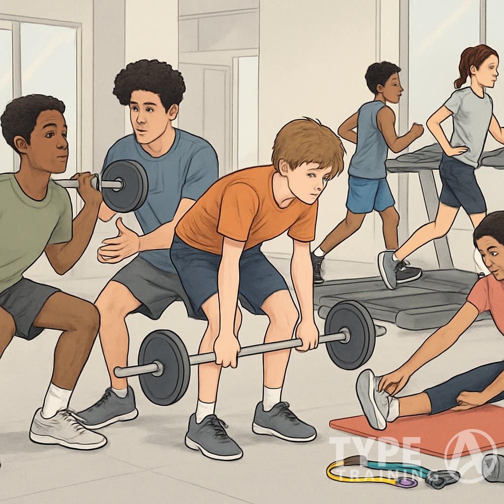 Teenagers exercising in a gym, showing both correct and incorrect workout techniques with a trainer supervising.