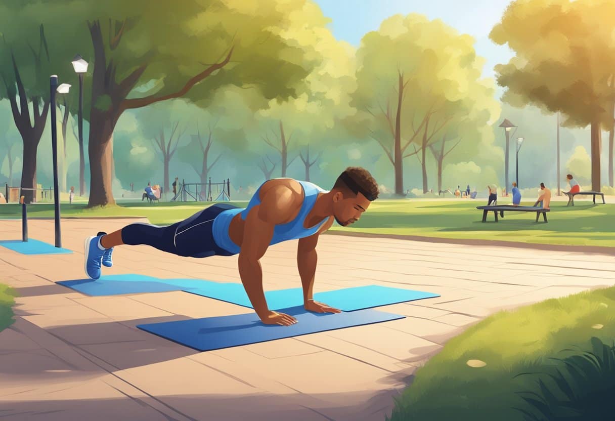 a man doing push ups in a park
